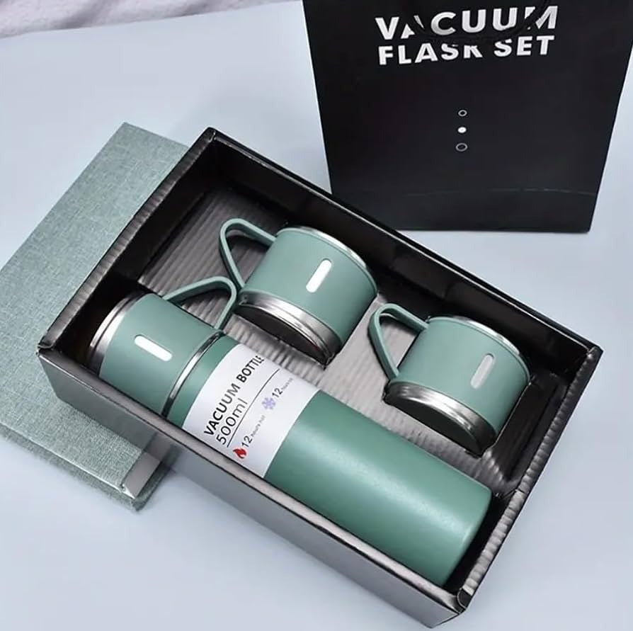 Vacuum Flask Set With 3 Cups- 500-ML Bottle Gift Pack - Hot & Cold